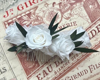 Boho White Rose And Eucalyptus Wedding Hair Comb, White and Green Olive Leaves Flower Comb, Rustic Bridal Wedding Accessories Silver Gold UK