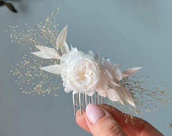 Peigne à cheveux rose minimaliste pour mariage blanc, mariage minimaliste, coiffe de mariée, fleur séchée préservée, accessoires pour cheveux de mariée bohème, Royaume-Uni