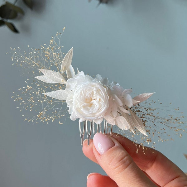 Bridal Minimal Garden Rose Hair Comb White, Minimalist Wedding Bridal Headpiece Dried Preserved Flower Comb, Boho Bride Hair Accessories UK