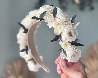 White and Green Wedding Rose Headband, Hair Piece, Romantic Bridal Everlasting Greenery Flower Tiara, Wedding Hair Accessories Eucalyptus