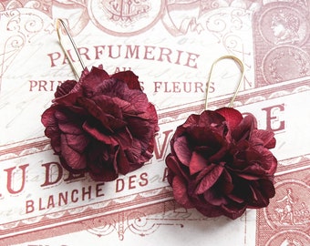 Handmade Red Floral Drop Earrings, Birthday Gift for Her, Dry Flower Earrings, Statement Floral Earrings Preserved Hydrangea Burgundy