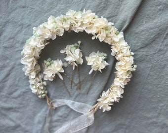 Couronne de fleurs séchées de mariage, bandeau de fleurs ivoire et vert sauge, couronne de cheveux de mariée floral crème, accessoires de cheveux de mariage vert pâle