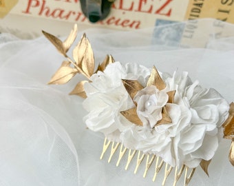 Gold and White Boho Bridal Everlasting Flower Comb, Preserved Hydrangea Italian Ruscus Wedding Hair Comb, Dried Flower Accessories for Bride