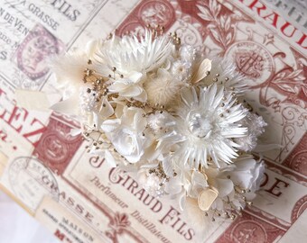 Boho Bridal Real Dried Flower Comb Barrette Ivory Cream Bohemian Bride Statement Wedding Dried Flower Hair Accessories, Flower Headpiece