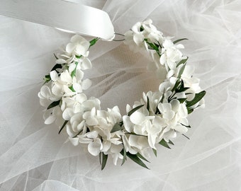 White and Green Leafy Flower Hair Halo Crown Christening for Baby Girls Toddler or Wedding Flower Girl Hair Wreath Handmade