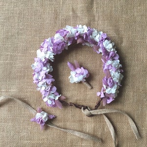 Set di corone di fiori lilla per matrimonio: accessori per capelli da sposa con ortensie secche