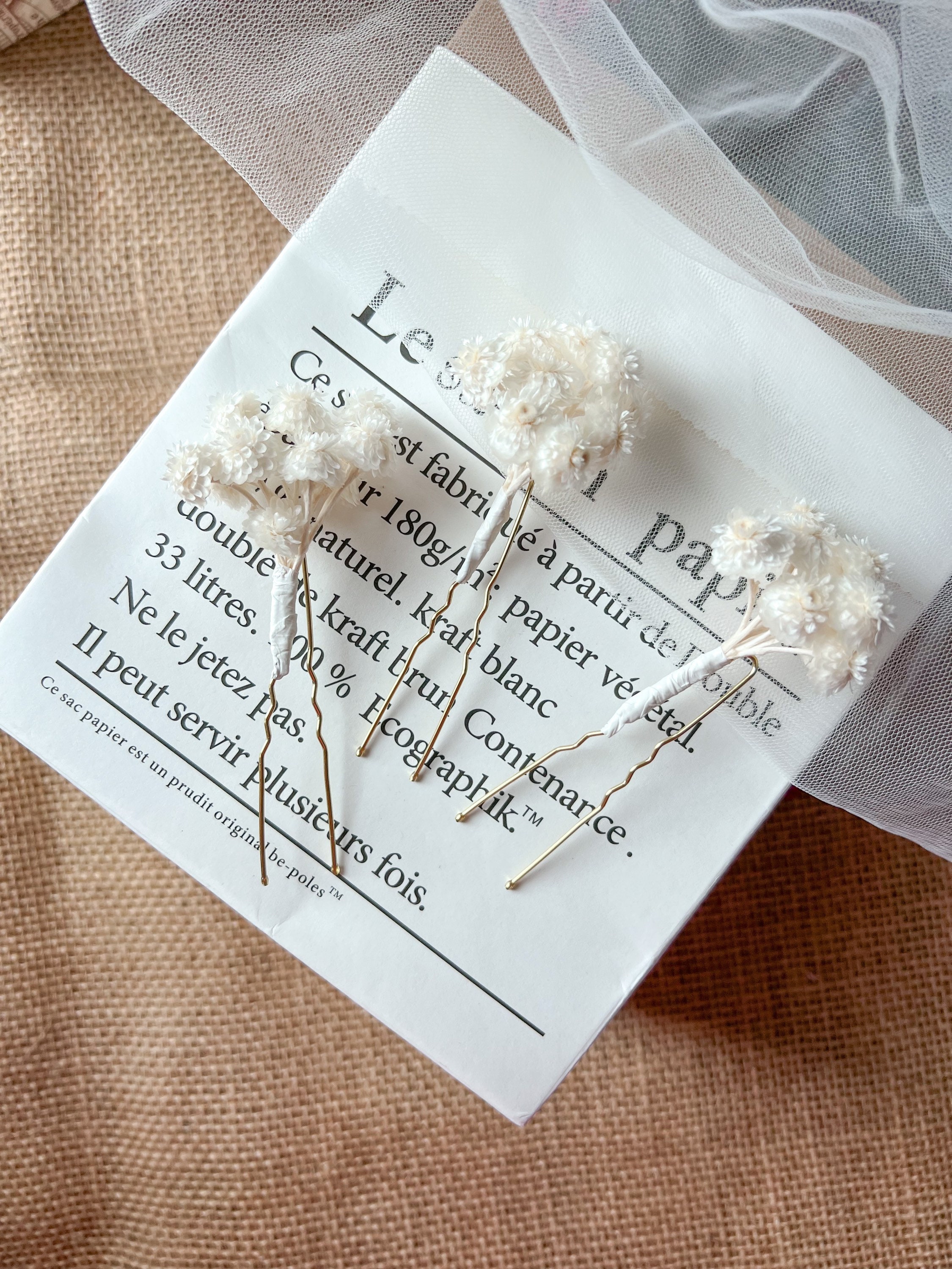 White Dried Flower Hair Pins For Brides, Minimal Wedding Floral Pin Sets, Garden Mini Bridal Accessories