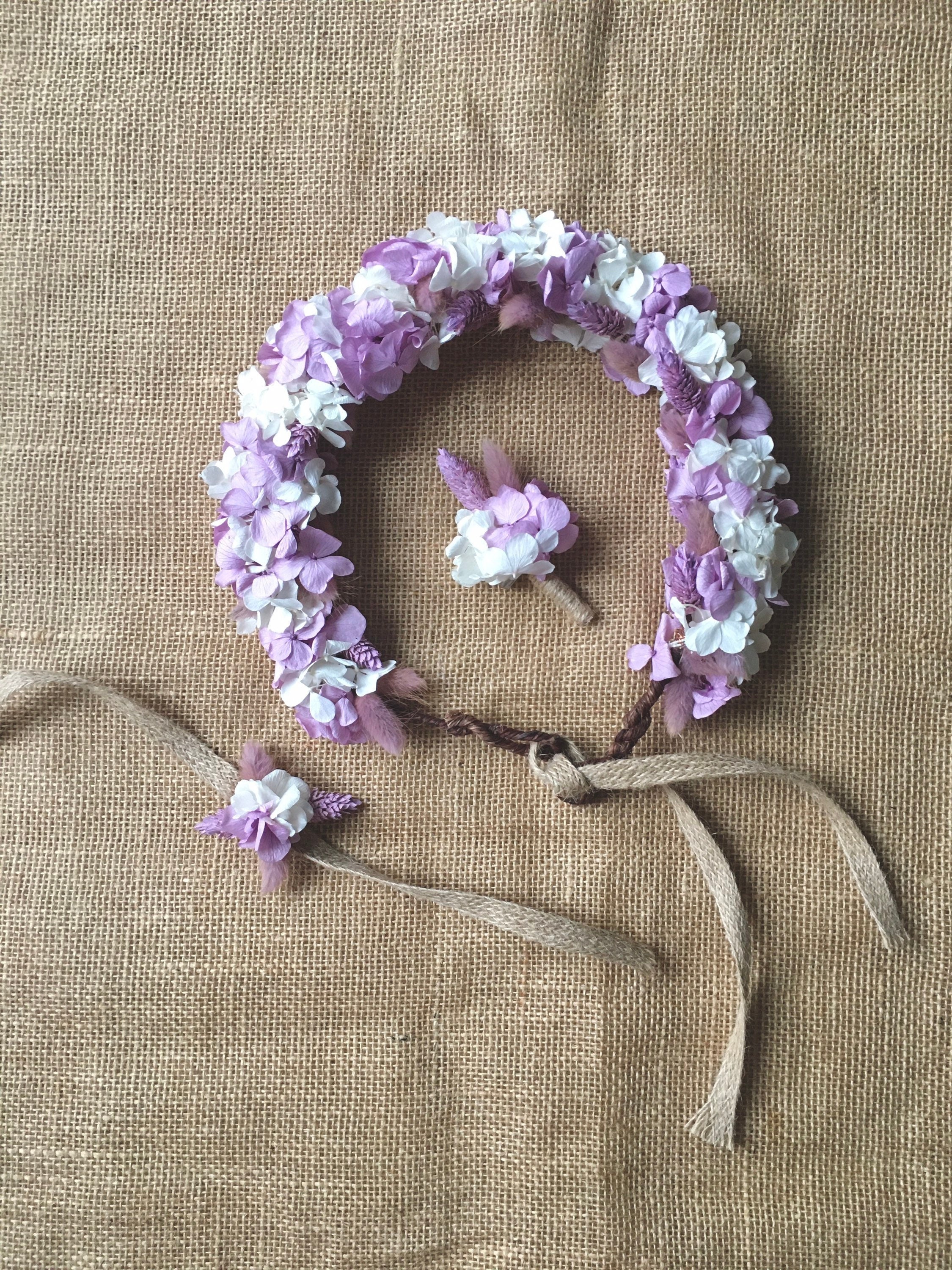 Bridal Hair Accessories Set Purple & White, Lilac Wedding Flower Crown Buttonhole Wristlet Set, Dried Girl Headband Piece