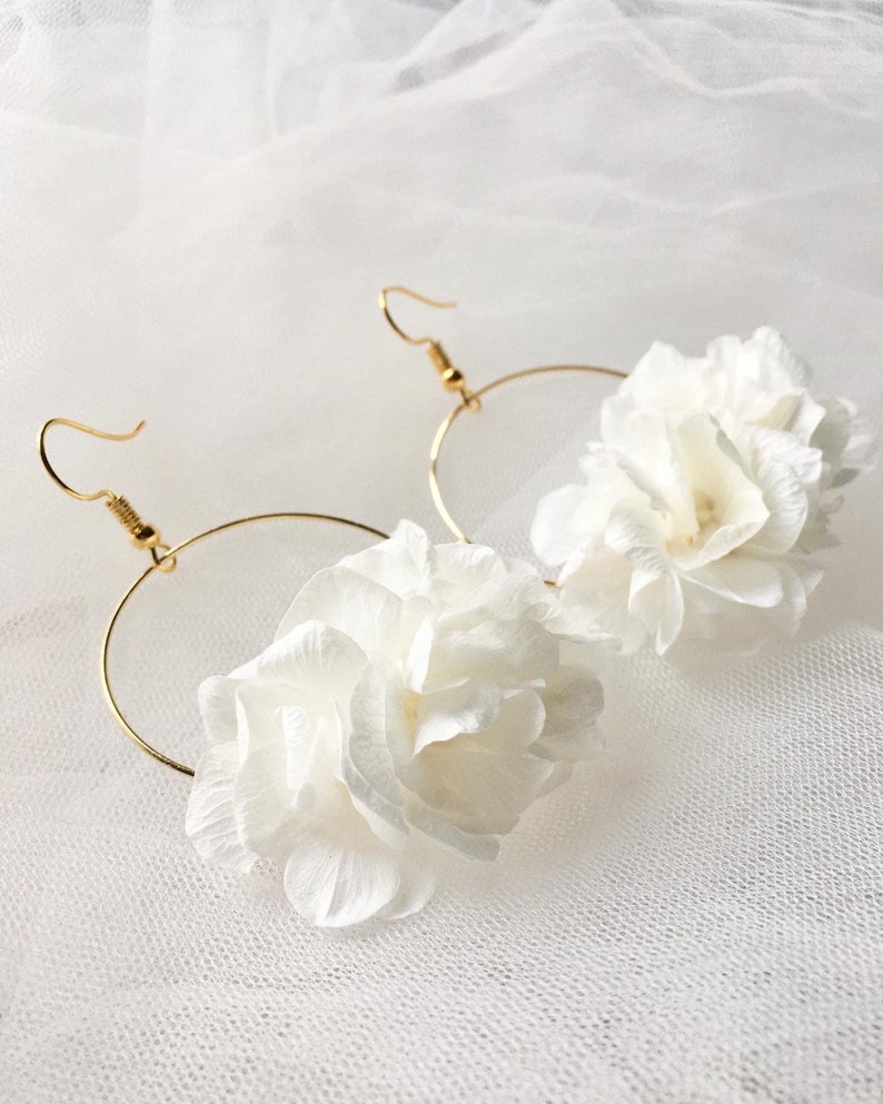 14K Gold Plated Boho Wedding White Bridal Earrings, Minimalist Bride Earrings Jewelry, White Ivory Hydrangea Floral Silver Hoop Earrings image 1