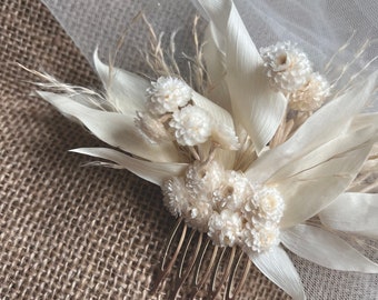 Boho Bridal Ivory Dried Real Flower Hair Piece, Summer Wedding Romantic Bride Dry Flower Hair Comb, Floral Headpiece