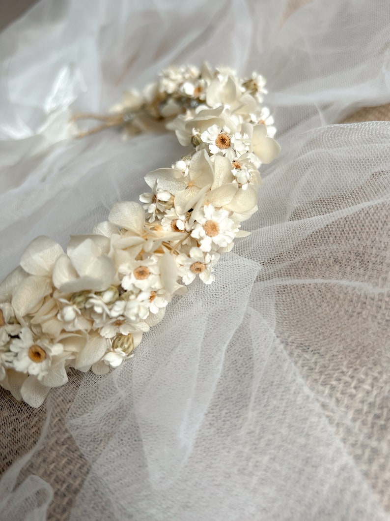 May include: A floral crown featuring an arrangement of small white flowers and cream-colored hydrangea petals. The headpiece is constructed on a thin, flexible base and is accented with delicate white tulle fabric draped around the floral elements.