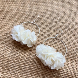 14K Gold Plated Boho Wedding White Bridal Earrings, Minimalist Bride Earrings Jewelry, White Ivory Hydrangea Floral Silver Hoop Earrings image 7