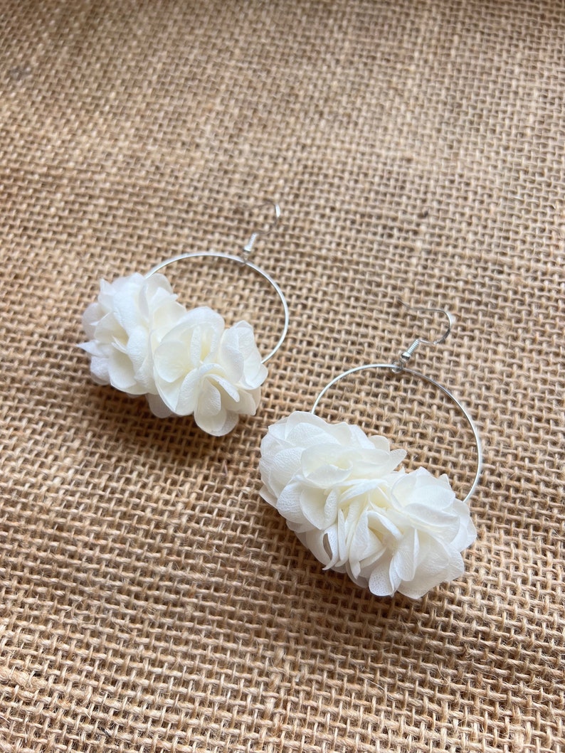 14K Gold Plated Boho Wedding White Bridal Earrings, Minimalist Bride Earrings Jewelry, White Ivory Hydrangea Floral Silver Hoop Earrings image 7