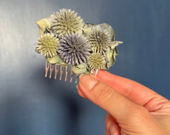 Peigne fleur bohème, peigne à cheveux hortensias séchés bleu et vert fleur séchée, morceau de cheveux de mariage Unique, peigne à cheveux mariage bohème