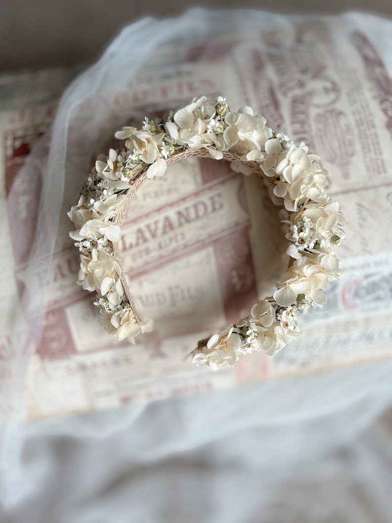 Daisy Headband, Hydrangea and Daisy Floral Tiara, Dried Mini Daisy Flower Crown, Dried Flower Crown, Ivory Daisy Floral Headpiece imagem 6