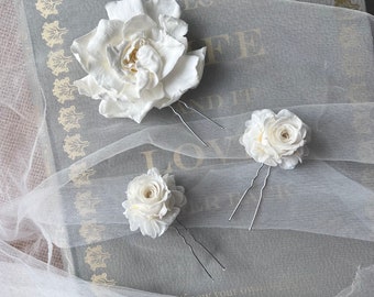 Boho Bridal Gardenia Rose Wedding Hair Pins White, Dried Floral Hair Piece, Rose Hair Pin, Real Flower Wedding Hair Accessories Handmade