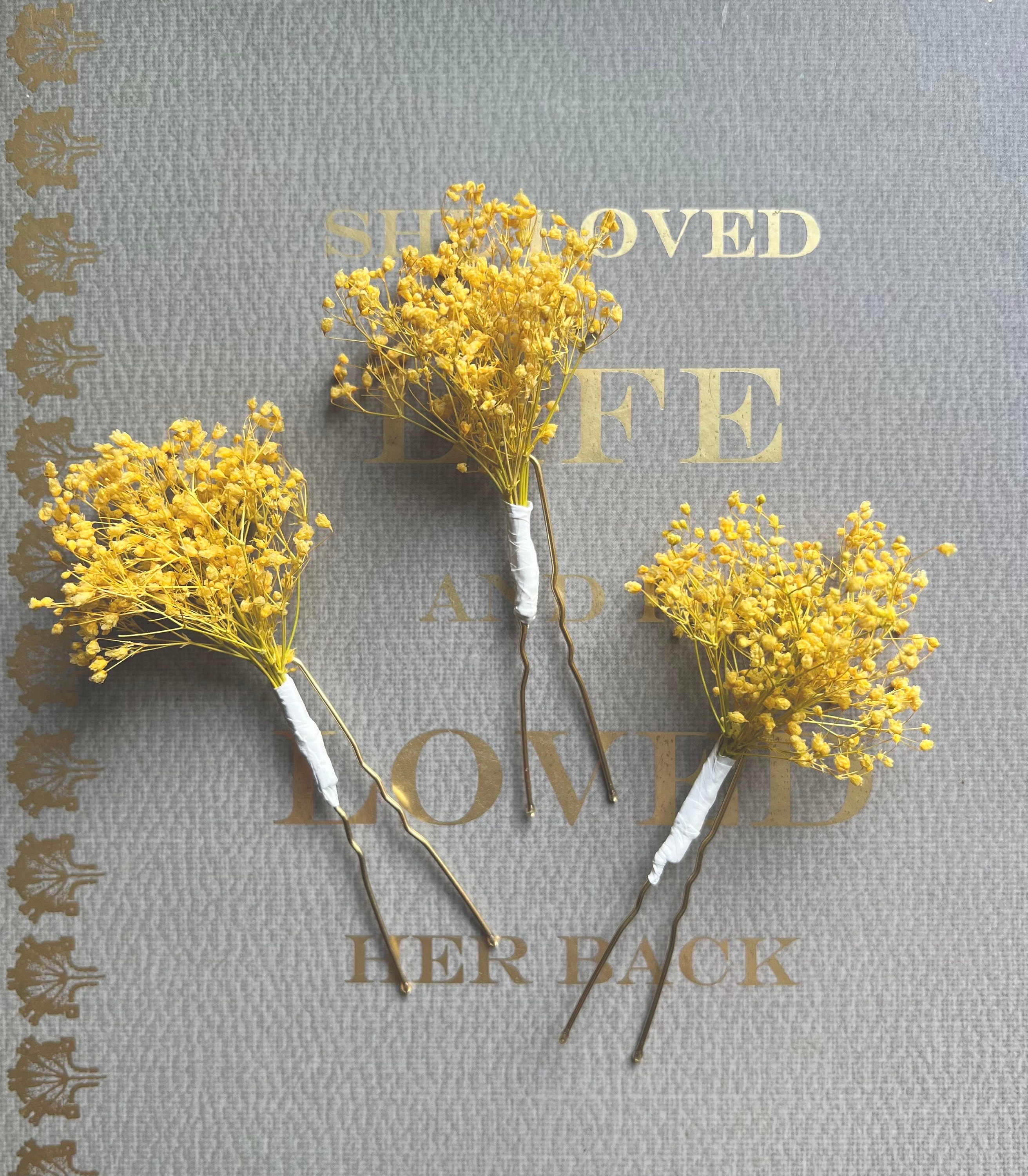 Dried Flower Hair Pins, Girl Yellow Gypsophila Pins Babys Breath Floral Accessories Minimal Bridal Piece