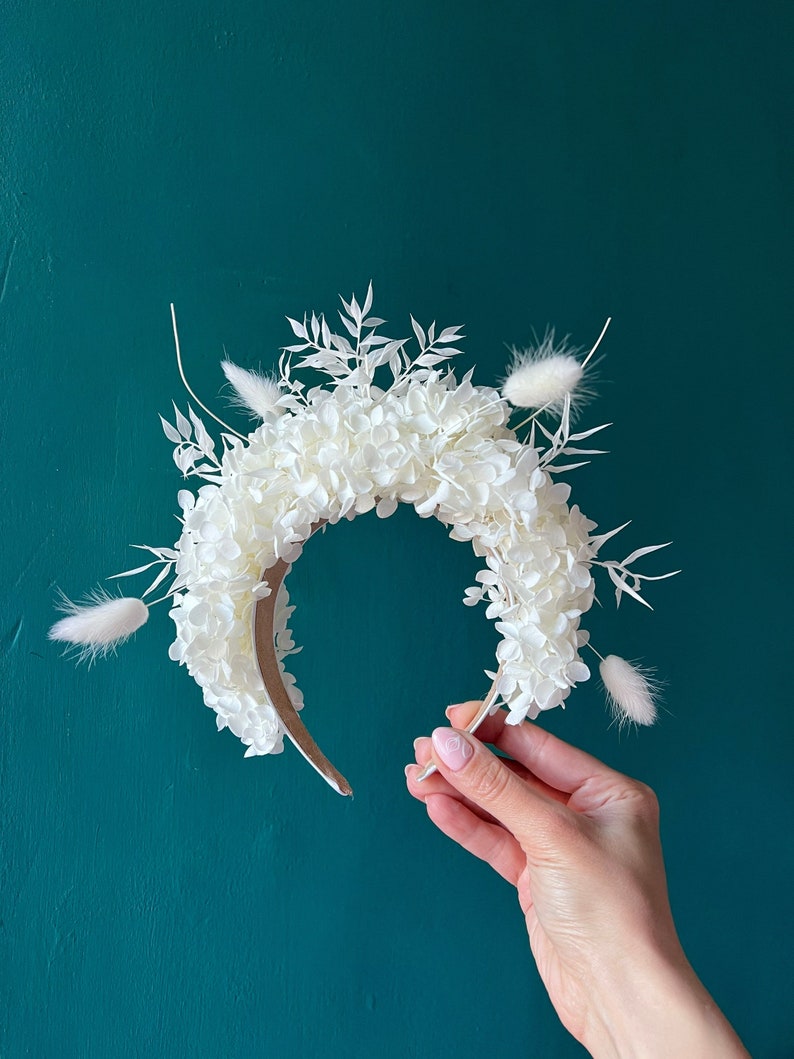 Ivory Hydrangea Floral Headband for Brides, Boho Bridal Statement Headpiece Ivory White, Wild Looking Flower Tiara Large, Big Flower Crown image 1