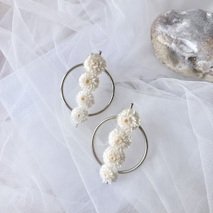 White Dried Flower Earrings: Silver Hoop, Minimalist Floral Jewelry