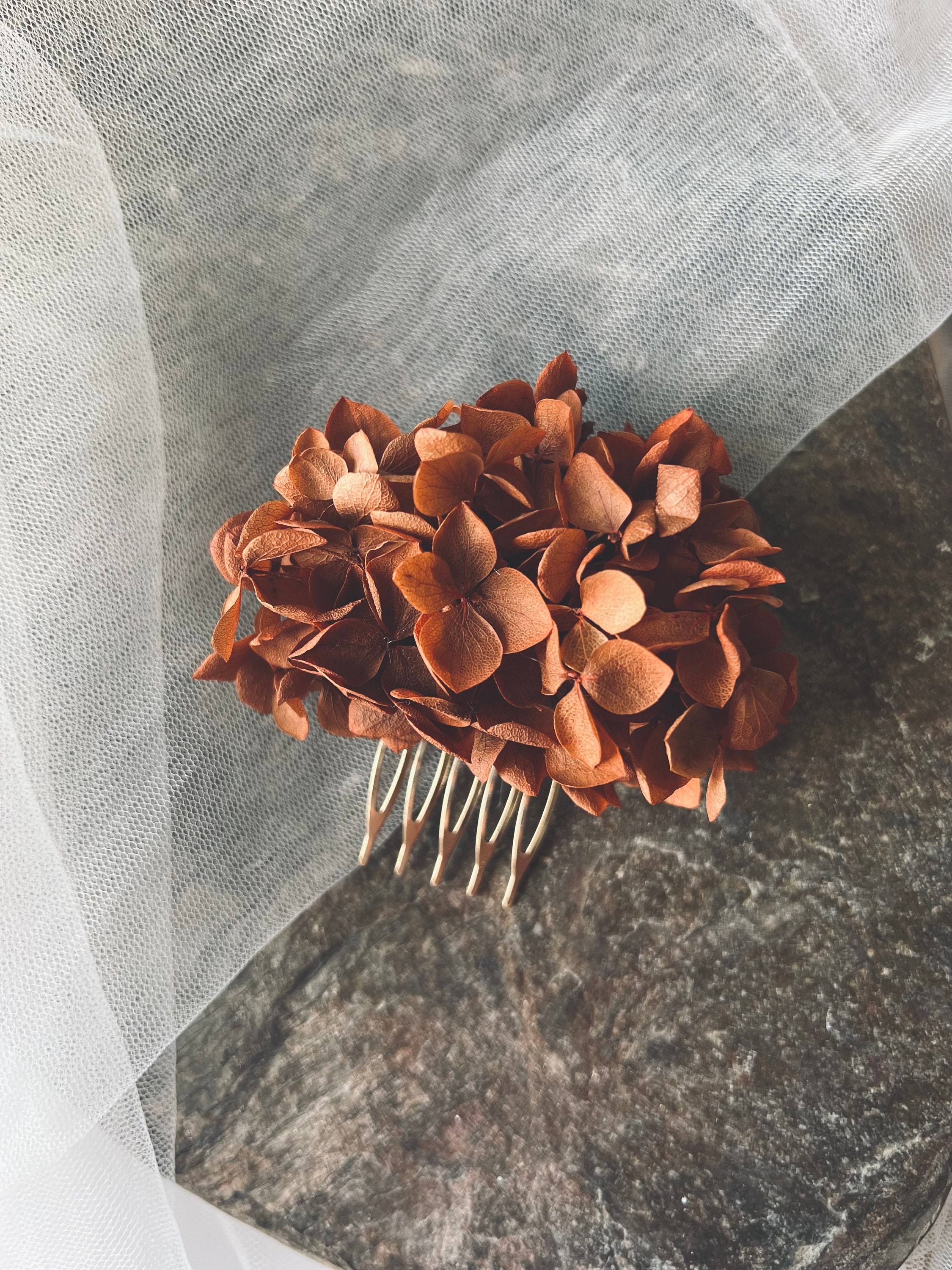 Burnt Orange Wedding Floral Hair Piece, Terracotta Bridal Dried Flower Comb, Autumn Fall Accessories For Brides