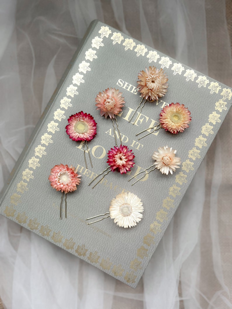 Dried Flower Hair Pins, Bridal Pink Floral Hair Pins, Blush Pink Hair Accessories, Minimal Flower Hair Pin Set, Wedding Hair Pins image 5