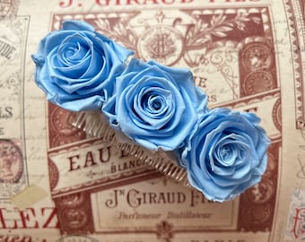 Light Blue Rose Hair Piece, Blue and White Wedding Floral Hair Comb, Dusky Blue Bridal Hair Accessories, Large Statement Rose Headpiece