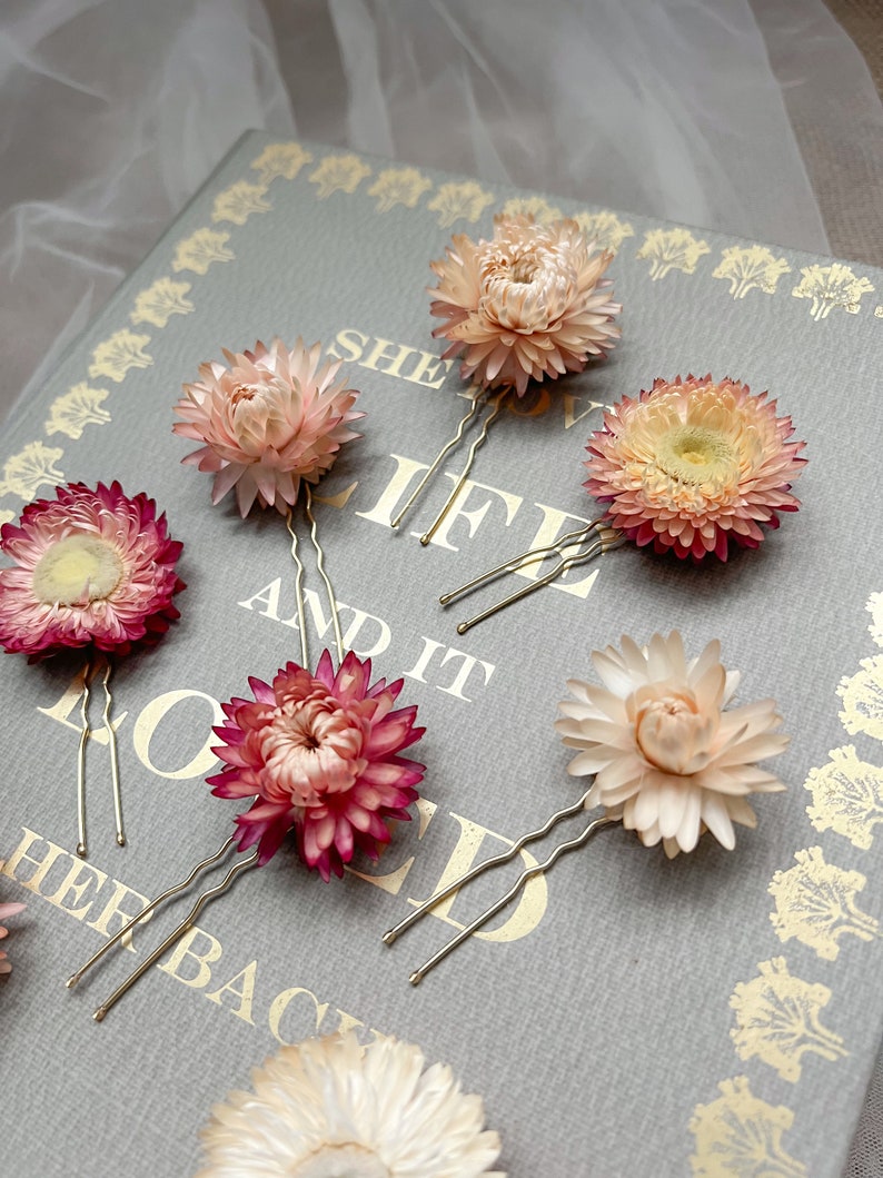 Dried Flower Hair Pins, Bridal Pink Floral Hair Pins, Blush Pink Hair Accessories, Minimal Flower Hair Pin Set, Wedding Hair Pins image 6