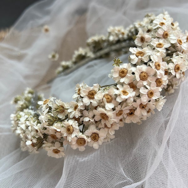 Daisy Headband, White Daisy Floral Tiara, Dried Mini Daisy Flower Crown, Dried Flower Crown