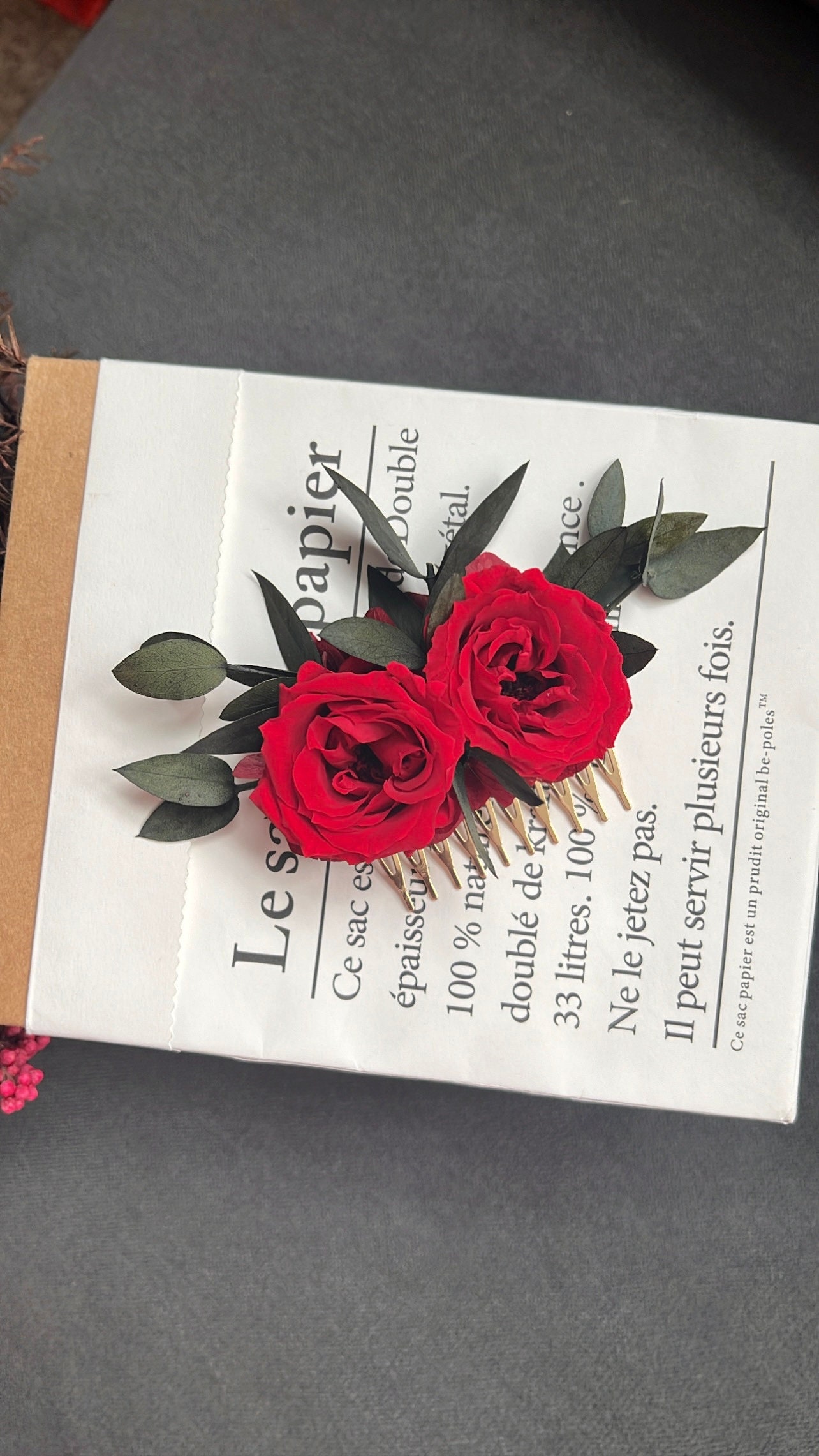 Classic Wedding Red Rose & Eucalyptus Hair Piece For Brides, Bridal Greenery Floral Comb, French Headpiece