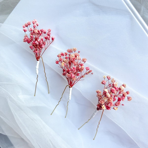 Rosa Gypsophila Haarnadeln, Salbei grün oder rosa Schleierkraut Blume Haarschmuck, minimale Haarnadeln für Brautjungfern, konserviertes Gypsophila