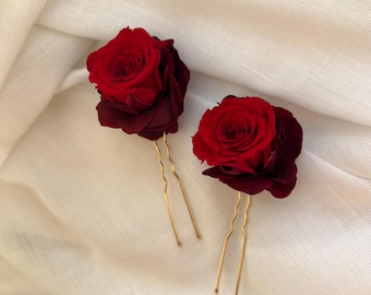 Horquillas de rosas rojas, tocado floral burdeos para bodas, accesorios para el cabello de novia