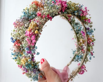 Colorful Dried Flower Crown, Rainbow Baby's Breath Headband, Pastel Floral Wreath