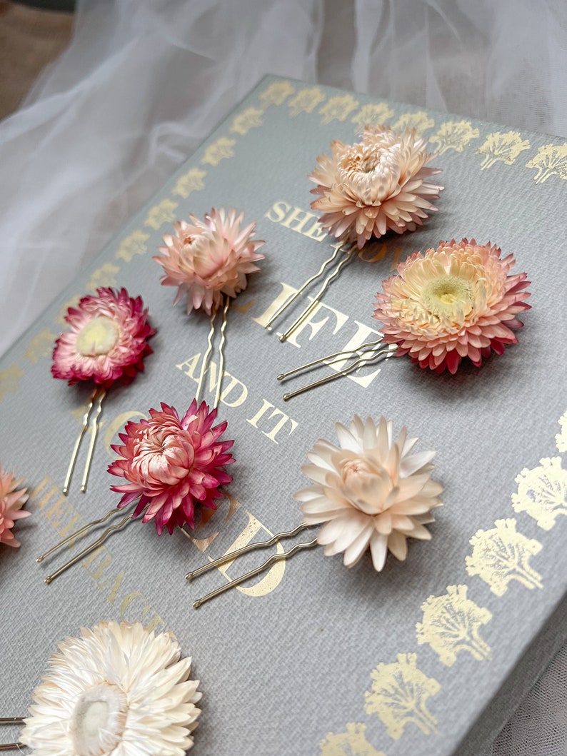 Dried Flower Hair Pins, Bridal Pink Floral Hair Pins, Blush Pink Hair Accessories, Minimal Flower Hair Pin Set, Wedding Hair Pins image 1