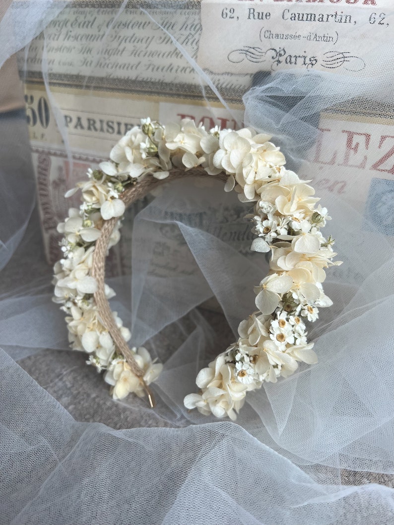 Daisy Headband, Hydrangea and Daisy Floral Tiara, Dried Mini Daisy Flower Crown, Dried Flower Crown, Ivory Daisy Floral Headpiece imagem 7