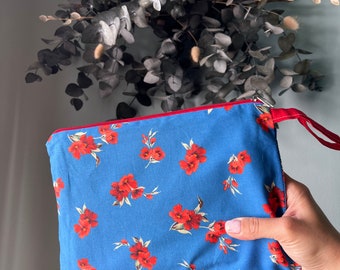 Mothers Day Gift, Handmade Blue Red Floral Makeup Bag, Indigo Blue Clutch Bag, Handcrafted Cosmetic Bag, Birthday Gift, Boho Accessories