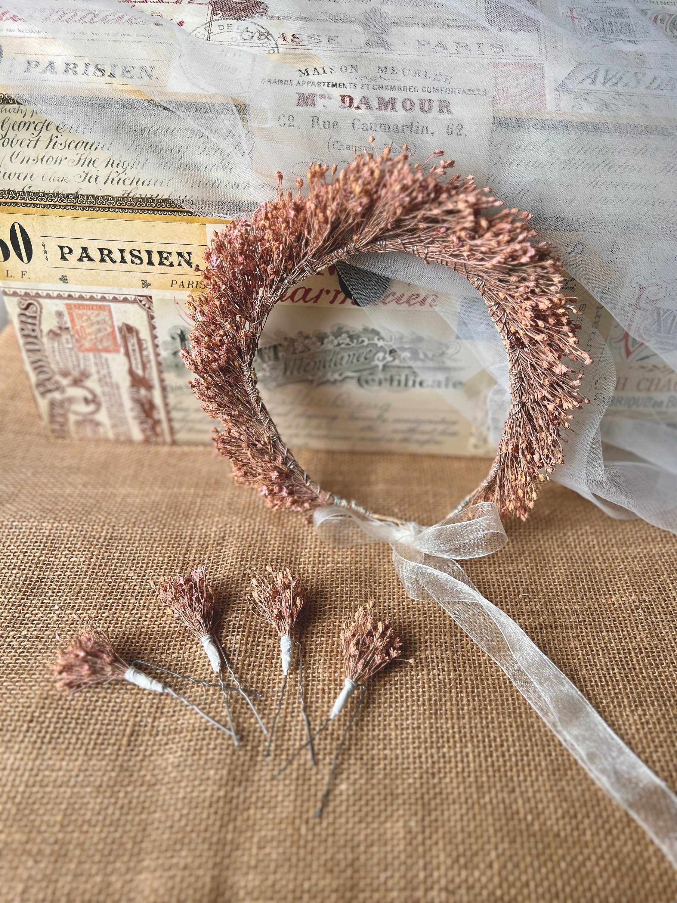 Peach Dusky Pink Dried Flower Crown, Wedding Girl Floral Headband, Garden Barn Hair Pins Bridesmaids Accessories Set