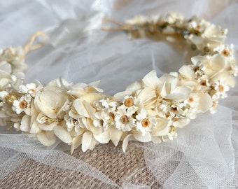 Boho Flower Crown, Cream Hydrangea and Mini Daisy Headband, Dried Flower Hair Wreath for Brides, Minimal Wedding Tiny Floral Headpiece