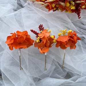 Bright Orange Dried Floral Hair Pins, Autumn Wedding Accessories