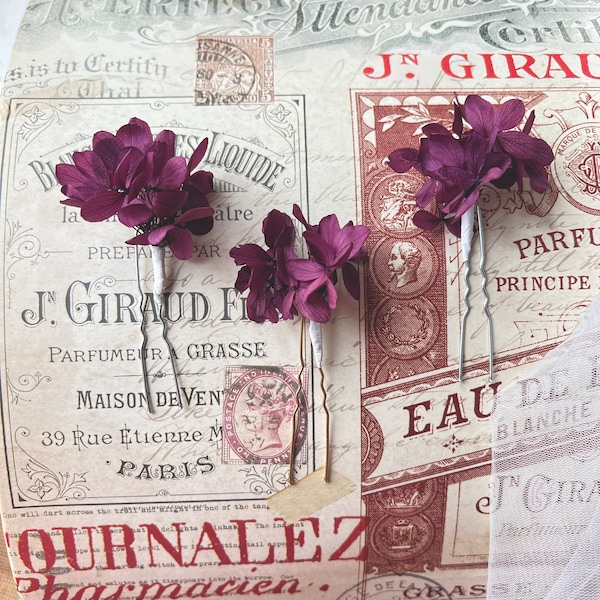 Dried Flower Rustic Wedding Hair Pin Sets Magenta Pink Purple, Bride and Bridesmaid Hair Accessories, Preserved Hydrangea Floral Hair Pieces