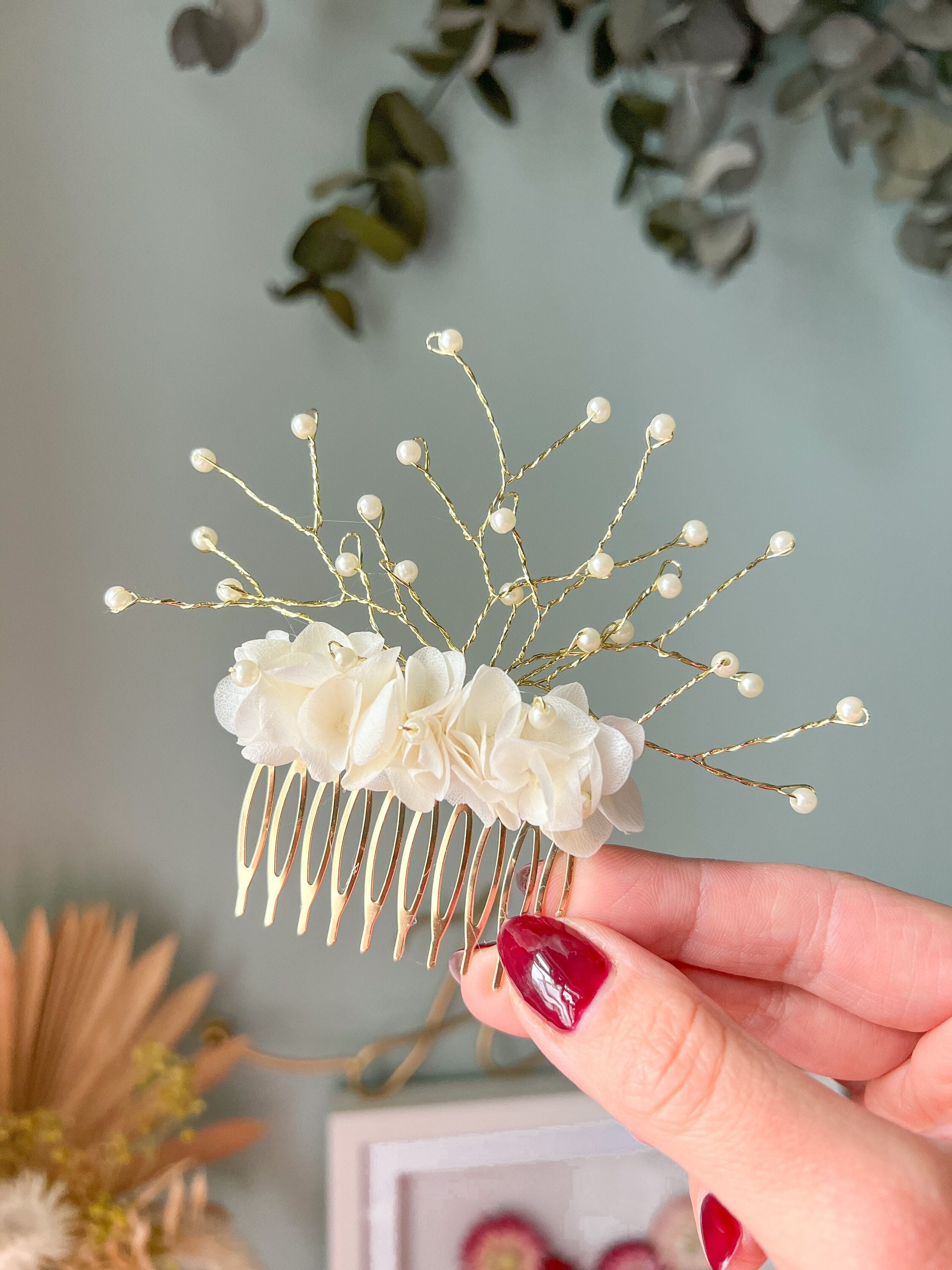 Boho Wedding Flower Hair Comb White & Gold Accessories For Bride, Classic Ivory Piece Pearl