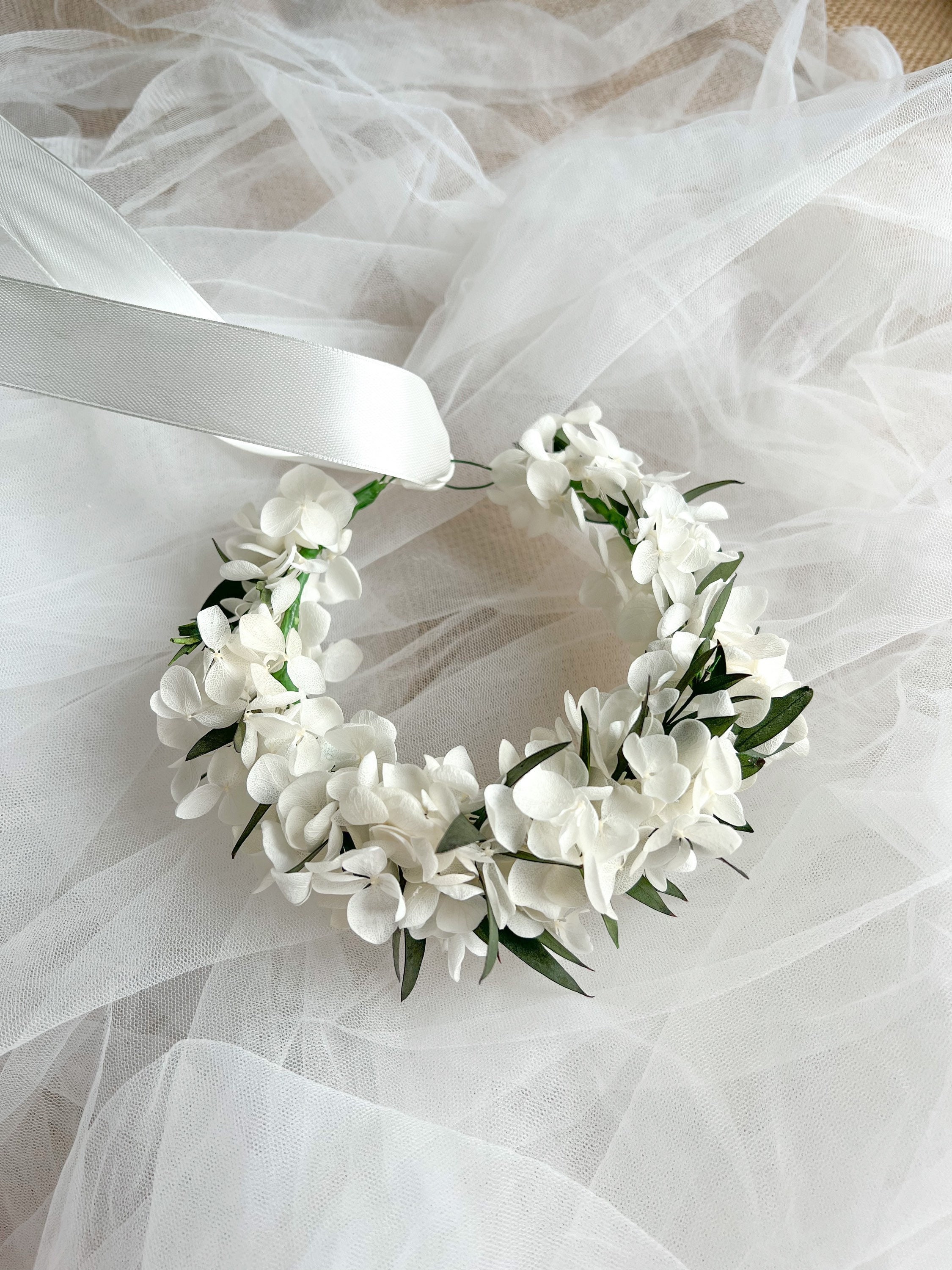 White & Green Leafy Flower Hair Halo Crown Christening For Baby Girls Toddler Or Wedding Girl Wreath Handmade