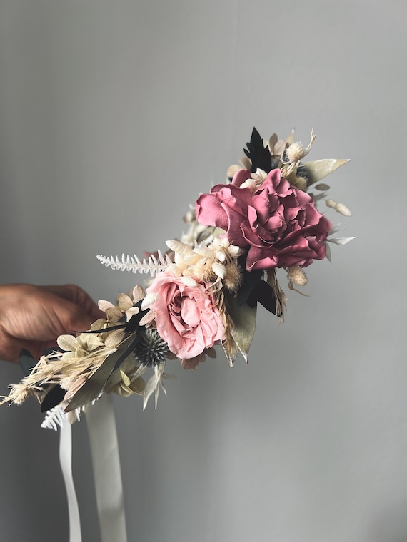 Hand Crafted Pink and Cream Floral Hair Crown Blush Pink Floral Crown, Dried Flower Bridal Headpiece  main image 4