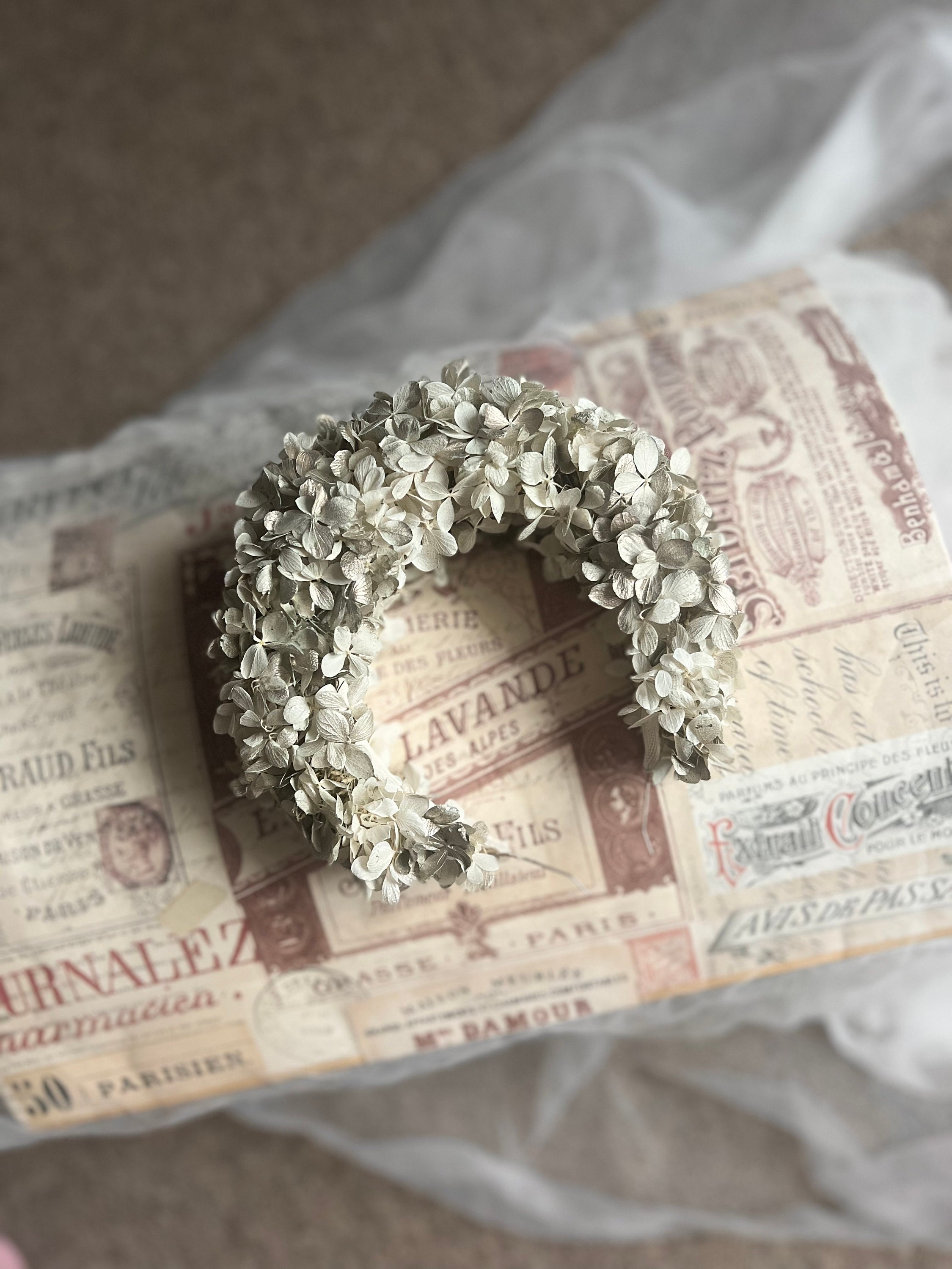 Frosty White & Silver Flower Crown For Brides, Bespoke Dried Hydrangea Tiara, Statement Headband Winter Wedding Bridal