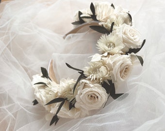 Bridal Everlasting Rose Hair Piece, Wedding Headband White Rose And Olive Green Eucalyptus Crown, Unique Bride Accessories, Statement Tiara