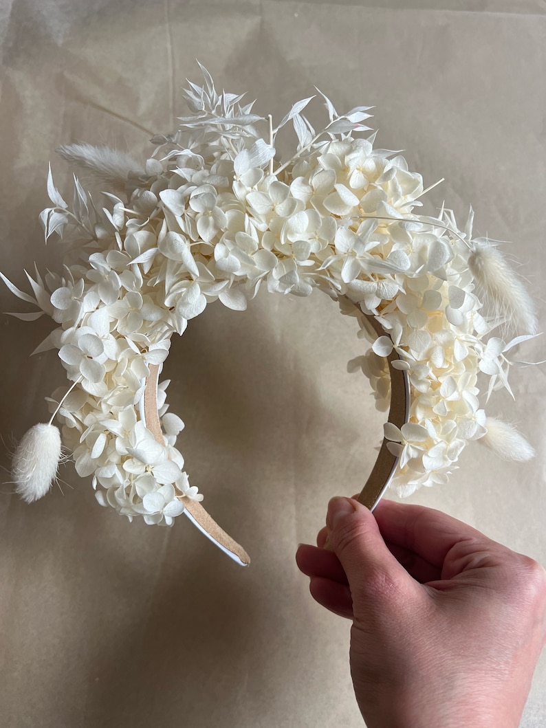 Ivory Hydrangea Floral Headband for Brides, Boho Bridal Statement Headpiece Ivory White, Wild Looking Flower Tiara Large, Big Flower Crown image 5