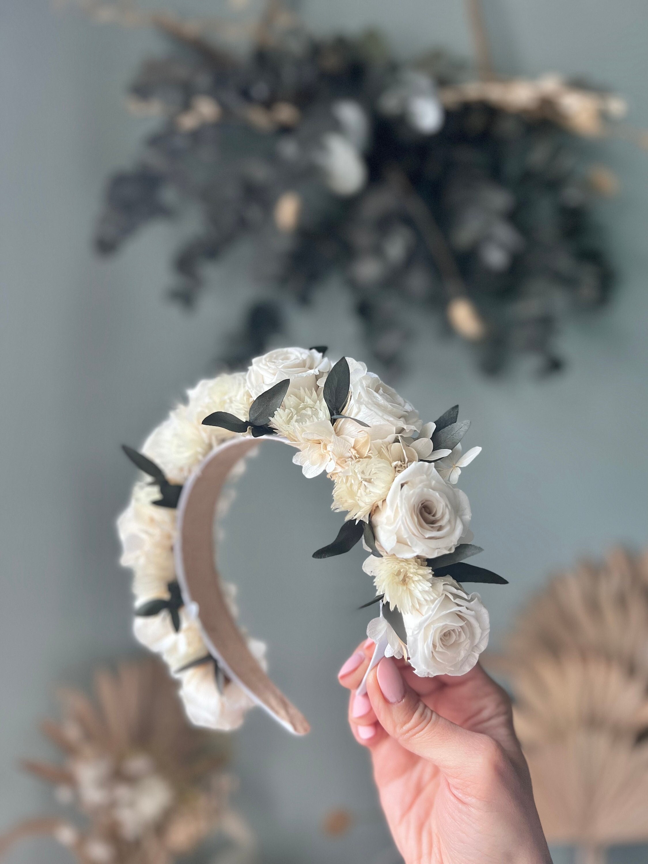 White & Green Wedding Rose Headband, Hair Piece, Romantic Bridal Everlasting Greenery Flower Tiara, Accessories Eucalyptus