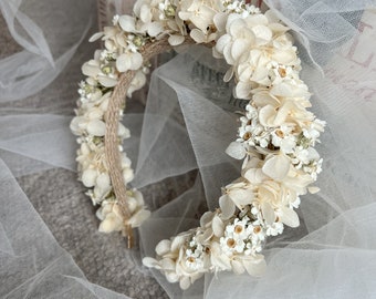 Serre-tête marguerite, diadème floral hortensias et marguerites, mini couronne de fleurs séchées marguerite, couronne de fleurs séchées, casque floral marguerite ivoire