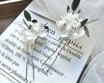 Horquillas blancas con flores para bodas, juego de horquillas de hortensias y eucalipto preservadas para novias, accesorios florales para bodas.