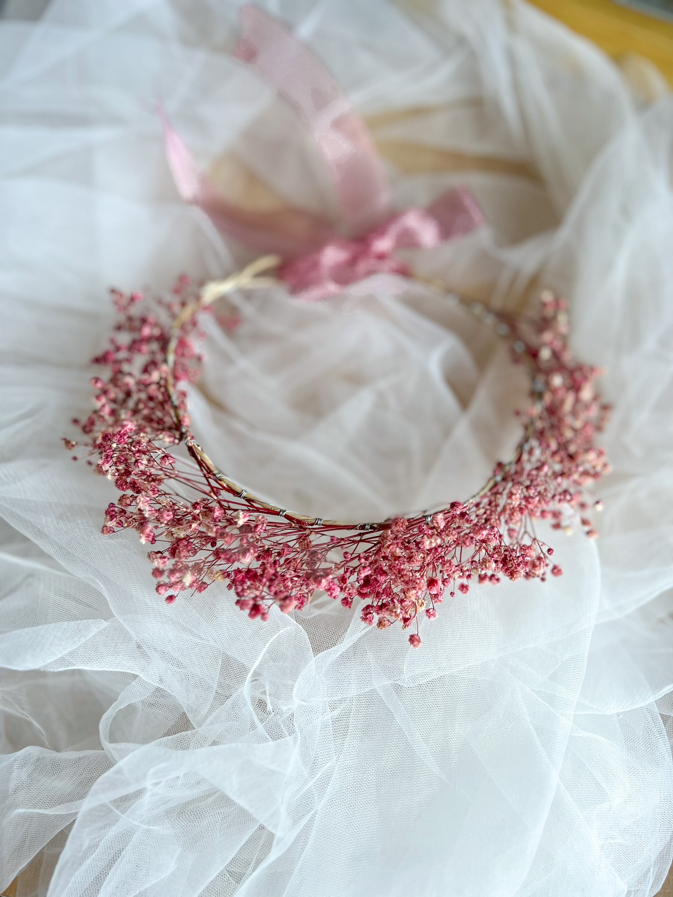 Pink Babys Breath Flower Crown, Preserved Real Gypsophila Girl Hair Accessories, Romantic Wedding Floral Piece UK