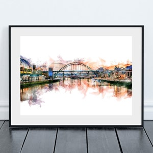 The Quayside and Tyne Bridge Fine Art Print, Watercolour Effect, Newcastle and Gateshead. image 1